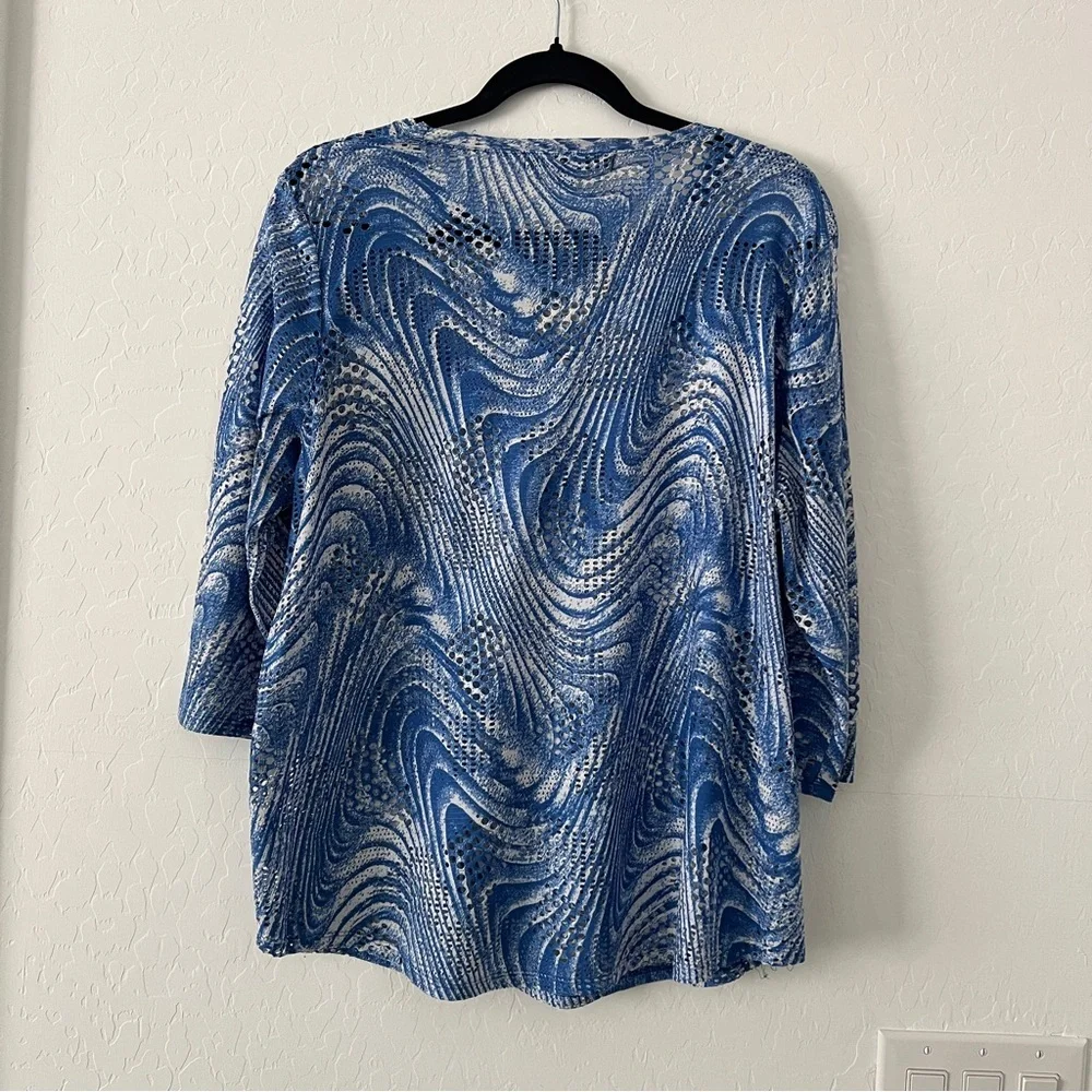 Toni Morgan Blue Abstract Open Knit Sheer Top Layering 3/4 Sleeve Large - Picture 2 of 6